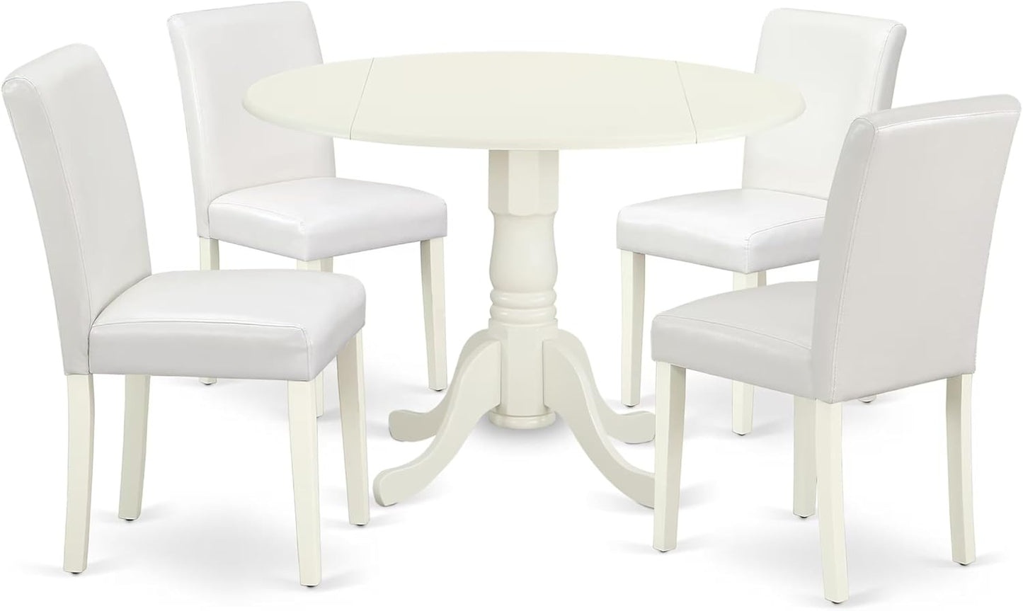 East West Furniture DLAB5-LWH-64 5 Piece Kitchen Table & Chairs Set Includes a Round Dining Room Table with Dropleaf and 4 White Faux Leather Parsons Dining Chairs, 42x42 Inch, Linen White