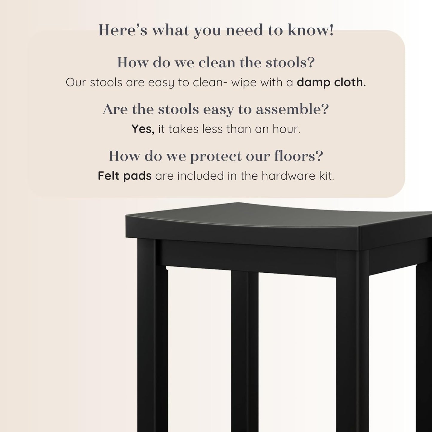 Grain & Grove Smith Collection Solid Wood Bar Stool, 30 inch Saddle-Seat Bar Chair, Backless, Heavy-Duty Construction, Footrest Support, Ideal for Kitchen Islands, Home Bars, and Counters, Black