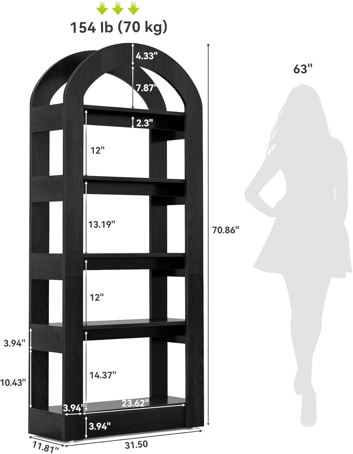 LITTLE TREE 5-Tier Bookshelf, Arch-Shaped Racks, Tall Standing Wooden Bookcase Display Shelf Modern Storage Solution (2, Black)