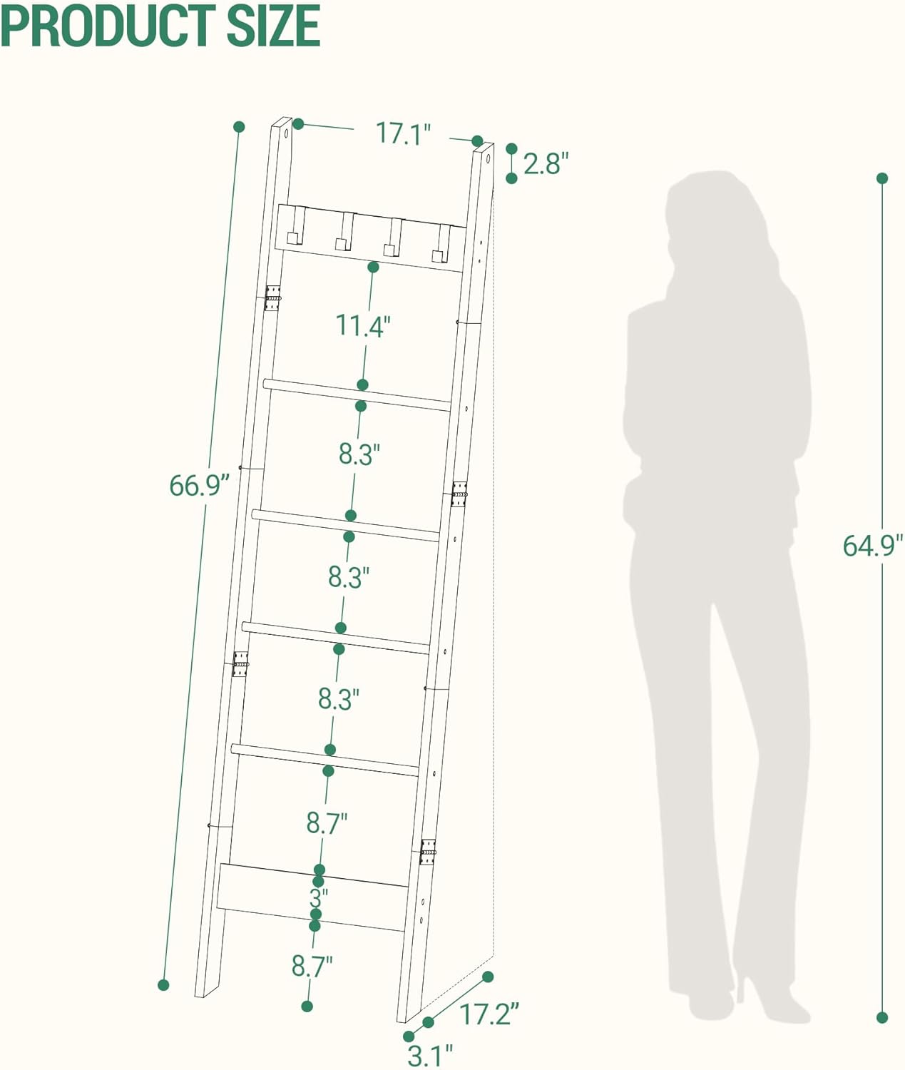 Blanket Ladder for Living Room, Decorative Quilt Rack with 4 Removable Hooks, 6-Tier Farmhouse Ladder Holder Shelf Organizer for Bedroom, Black Tea Brown and Black BR31520B