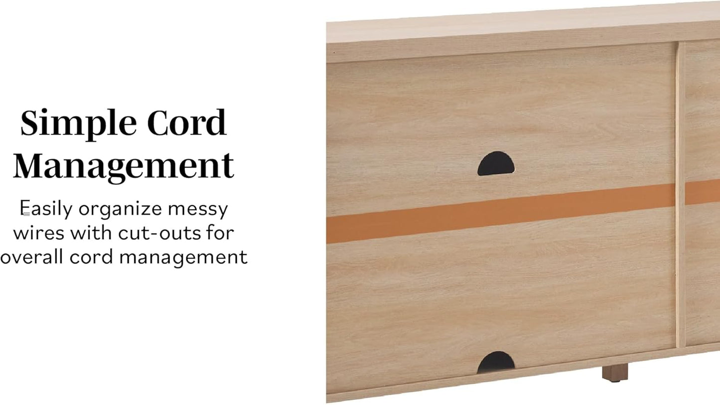 Walker Edison Sasha 4-Door Reeded Sideboard Buffet with Cord Management, 70 Inch, Coastal Oak