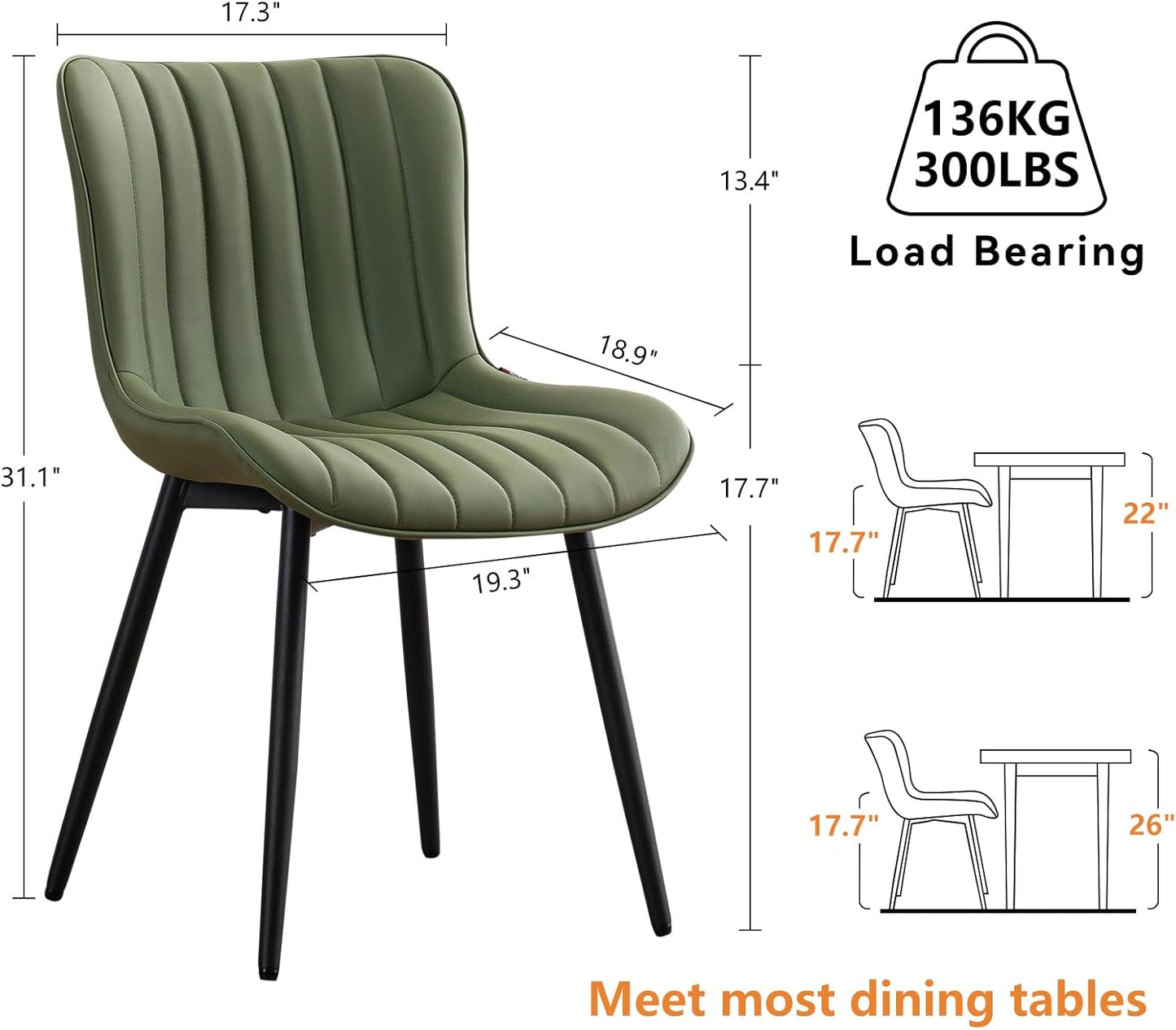 YOUNUOKE Green Dining Chairs Set of 2 Mid-Century Modern Kitchen Dining Room Chairs Armless Faux Leather Upholstered Accent Side Dinner Chair with Padded Back Metal Legs, Olive