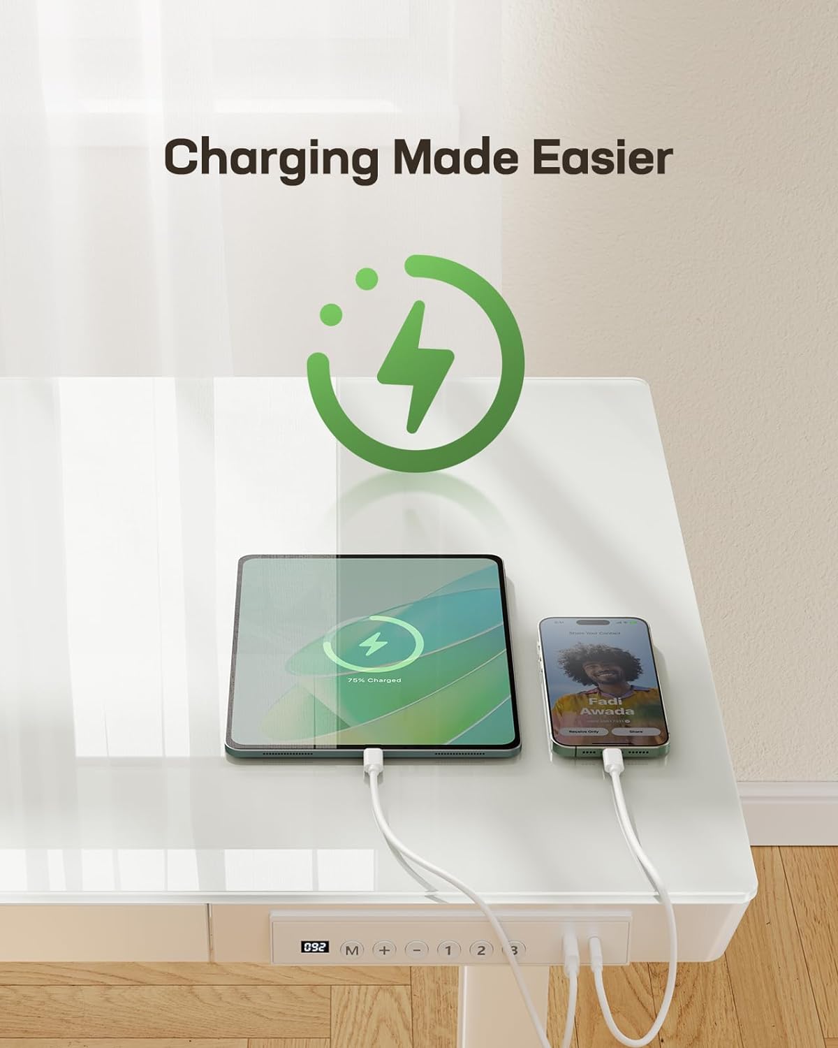 Marsail Glass Standing Desk with Drawer, 48 x 24 inch Electric Standing Desk, Height Adjustable Desk with One-Piece Tabletop & USB Charging Ports, Sit Stand Desk with Storage for Home & Office White