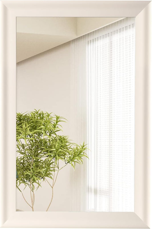 CULER White Wood Wall Mirror for Bathroom,Rectangle Rustic Beige 24 x 36 inch Hanging Vanity Ivory Mirrors with Wooden Frame for Living Room,Bedroom,Entryway
