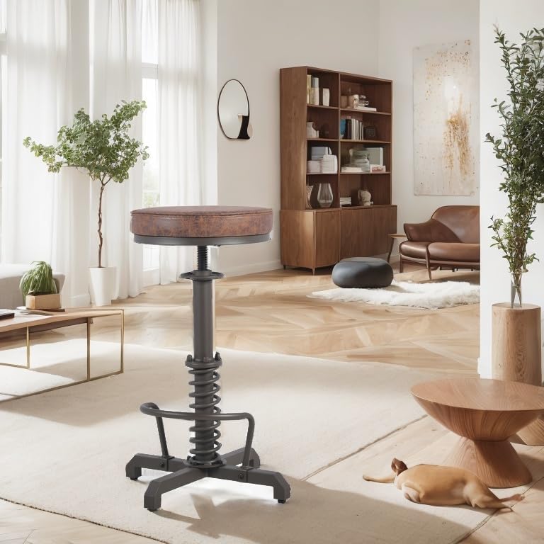 American Antique Steampunk Bar Stool 24.41"-28.35" Vintage Industrial Adjustable Swivel Backless Counter Stool for Home, Dining, Breakfast, Pub, (Heavy Duty Metal & Faux Leather, Brown & Maroon Top)