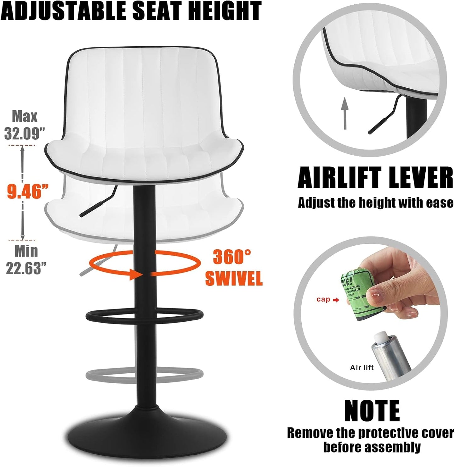 YOUNIKE White Bar Stools Set of 2 Kitchen Counter Height Barstools Upholstered Swivel Modern Faux Leather Bar Chairs with Backs Adjustable High Breakfast Island Stool with Metal Leg