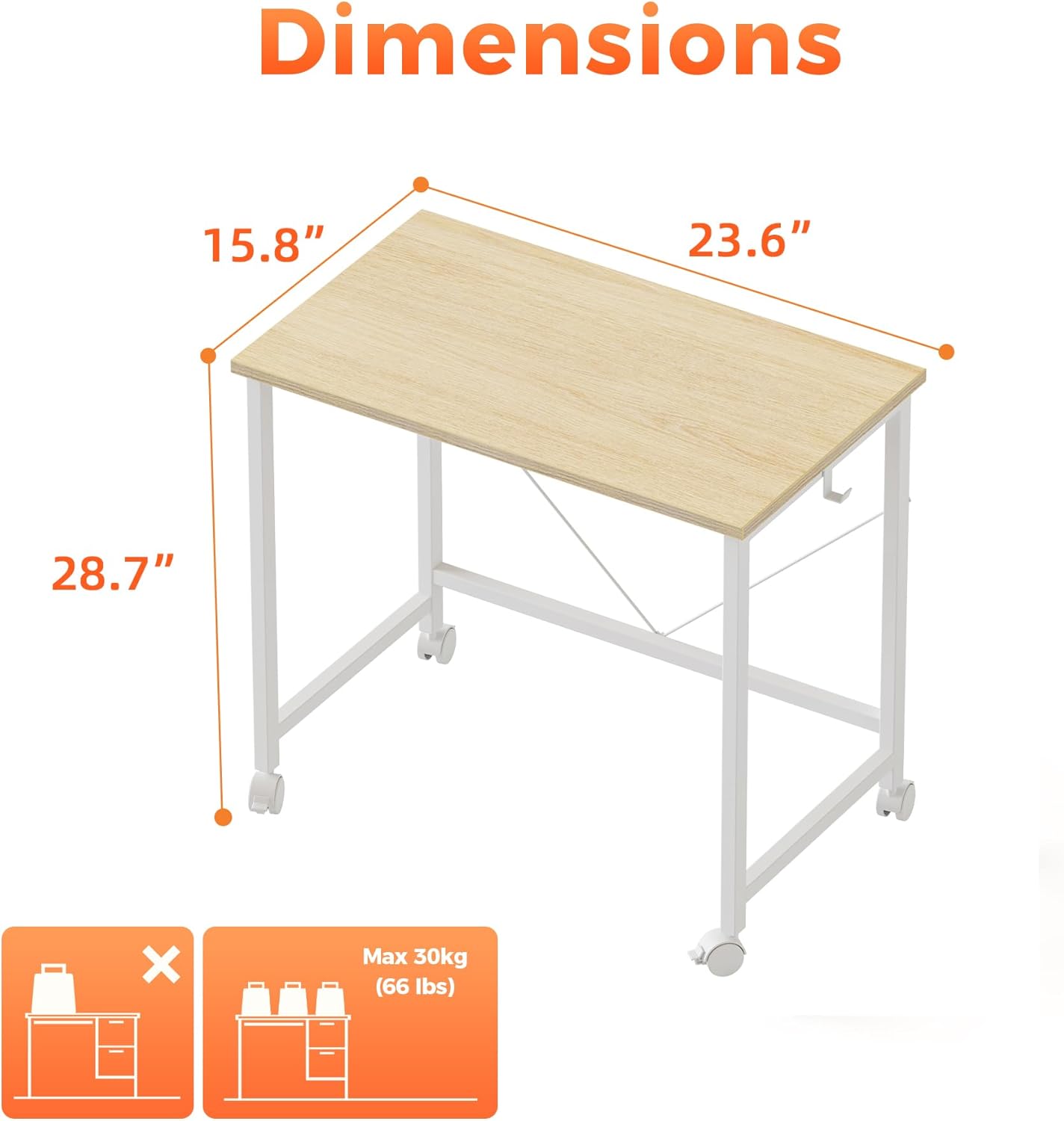 Rolling Computer Desk with Wheels, Gaming Desk for Small Spaces, Modern Simple Style Table for Home Office, Study Writing Table (Caster, Oak, 24 inch)