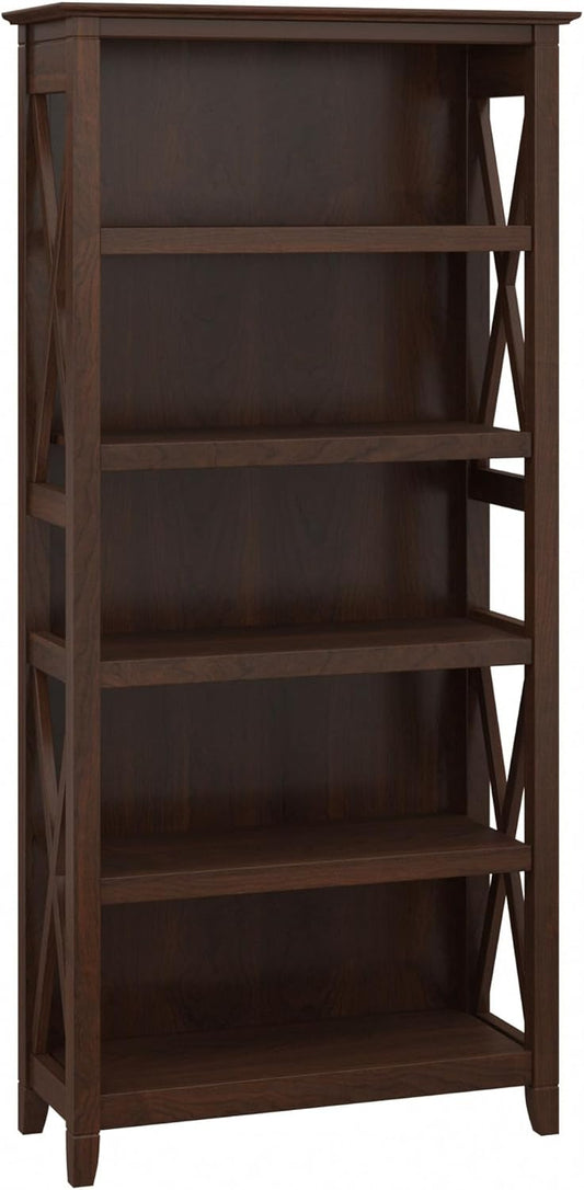 Bush Furniture Tall 5 Shelf Bookcase for Living Room or Home Office, Large Bookshelf, Modern Farmhouse Style, Key West Collection, Bing Cherry