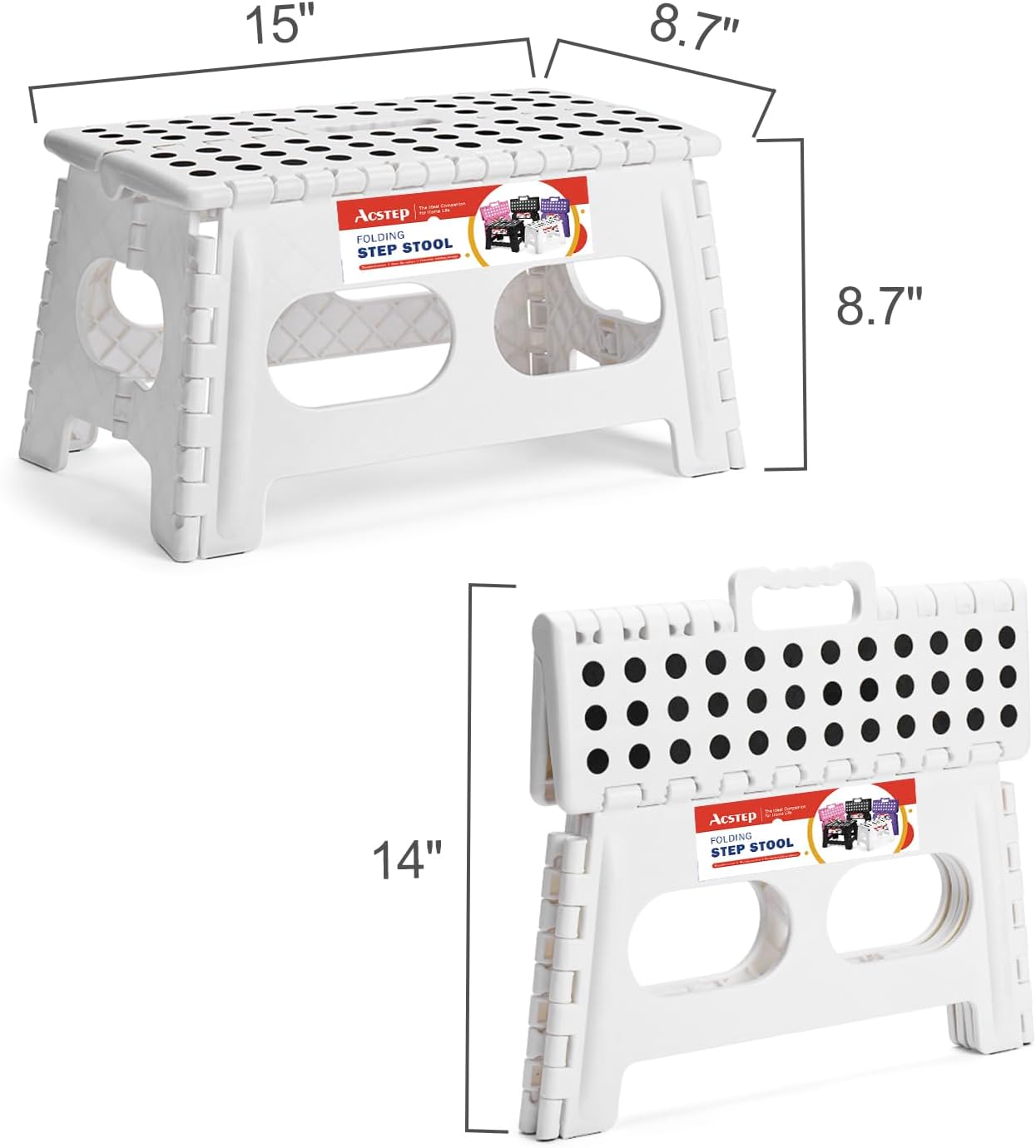 ACSTEP Folding Step Stool 9 Inch,15-Inch Extra Wide Heavy Duty Stepping Stool More Safe and Comfortable Non Slip Foldable Step Stool for Kids and Adults White