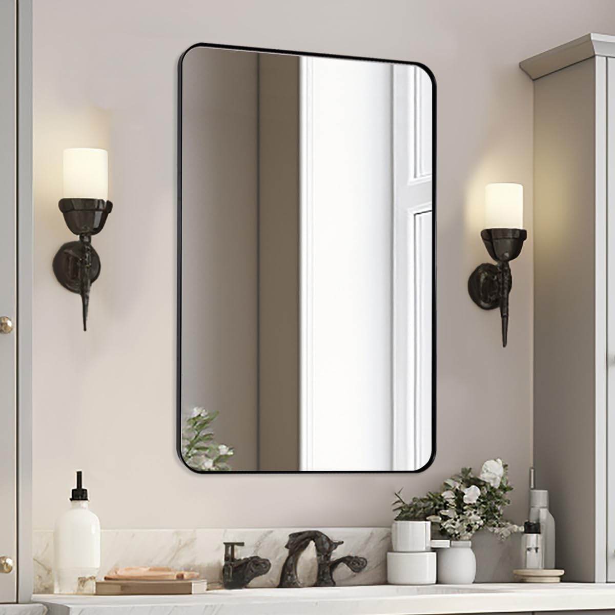 Black Bathroom Mirror 24"x36", Modern Round Corner Bathroom Vanity Mirror, Matte Black Wall Mirror for Bedroom, Living Room, Shatterproof, Anti-Rust, Wall Mounted Horizontal or Vertical