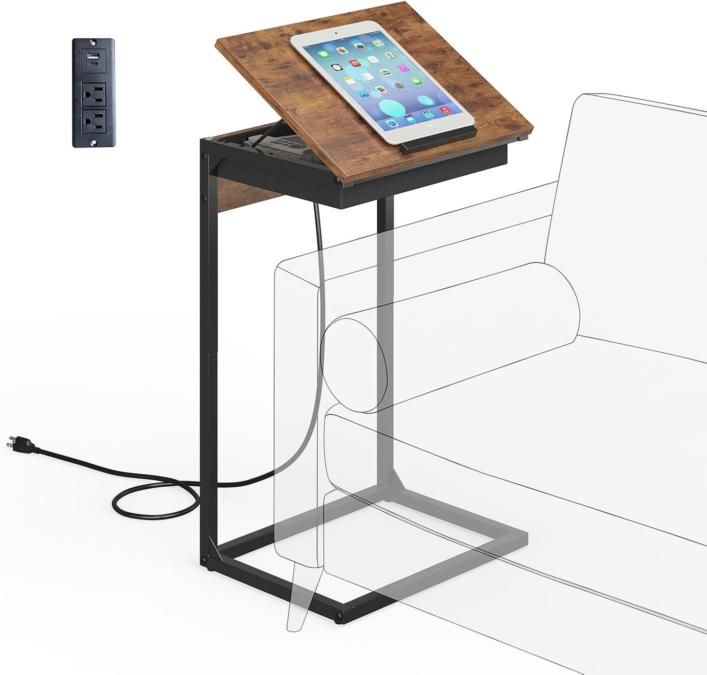 C Shaped End Table with Charging Station, 45° Tiltable Adjustable Flip Top Table with Storage,Small C Table for Small Spaces,Slide Under Couch Sofa Bedside Table for Living Room,Rustic Brown