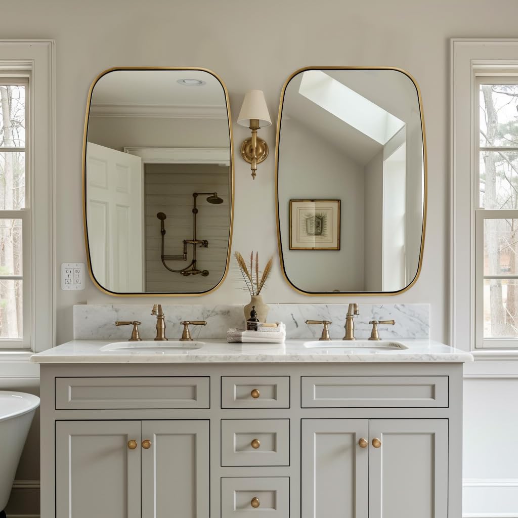 ANDY STAR Brushed Gold Oval Bathroom Mirror, 24x36 Inch Brass Oblong Mirrors for Wall, Modern Rectangle Vanity Mirror with Rounded Corner, Stainless Steel Wall Mount Horizontal or Vertical