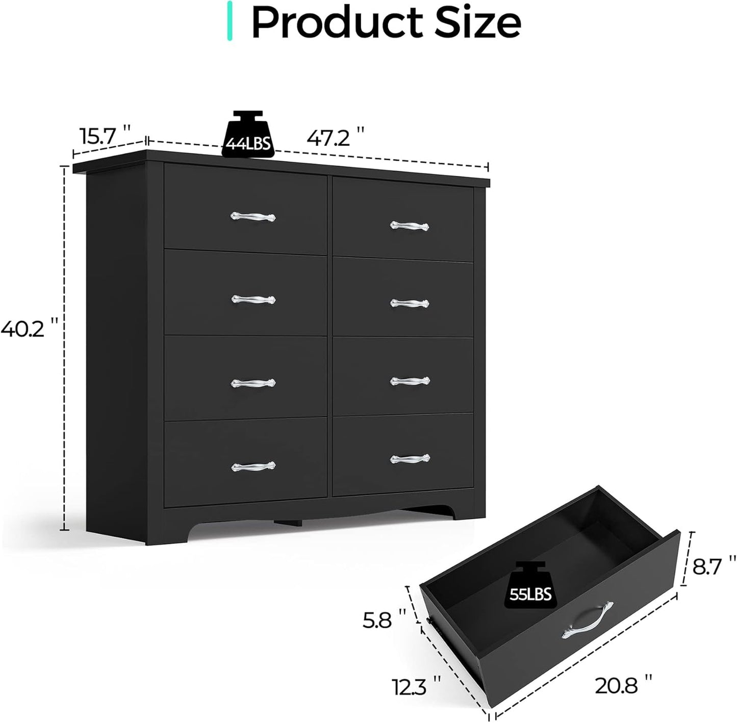 LINSY HOME 8 Drawer Double Dresser, Black Dresser for Bedroom, Modern Dresser Chest with Wide Drawers, Wood Storage Chest of Drawers for Living Room