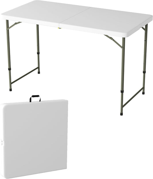 Adjustable Folding Table - Portable 4-Foot Plastic Utility Tabletop with 2 Height Settings - Indoor and Outdoor Seating by Lavish Home (White)
