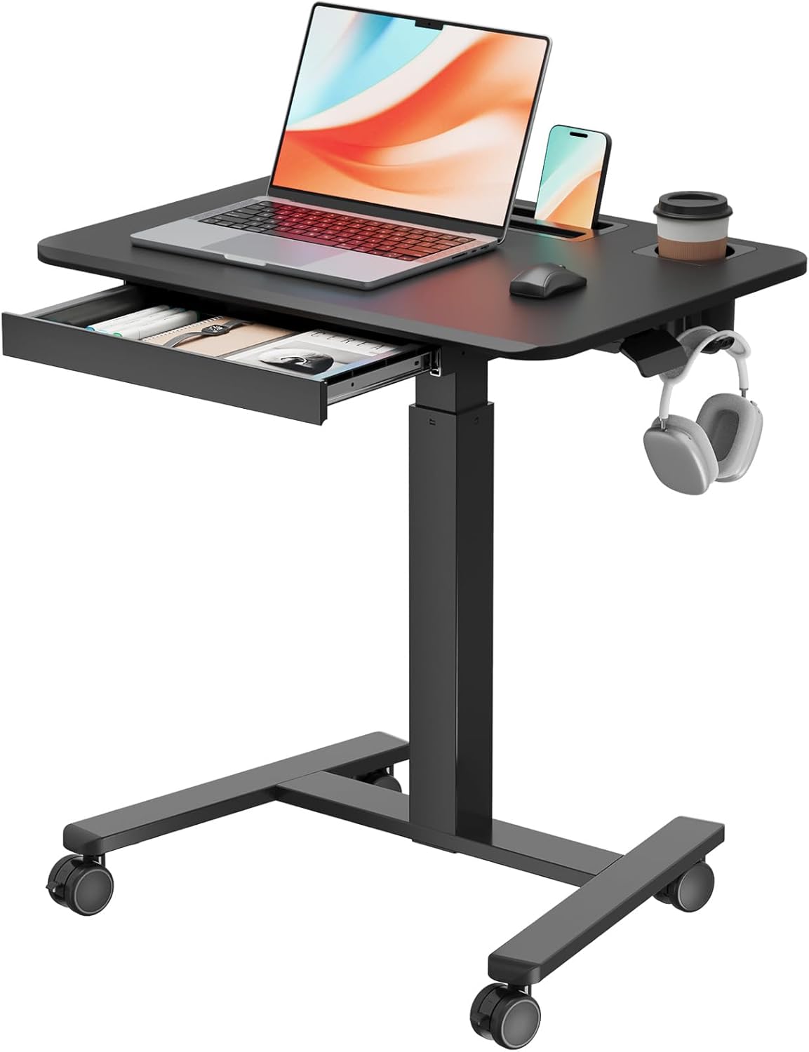Mobile Standing Desk with Drawer, 28" Rolling Desk with Cup Holder and Hooks, Portable Laptop Workstation on Wheels, Height Adjustable Cart with Storage for Home Office, Black