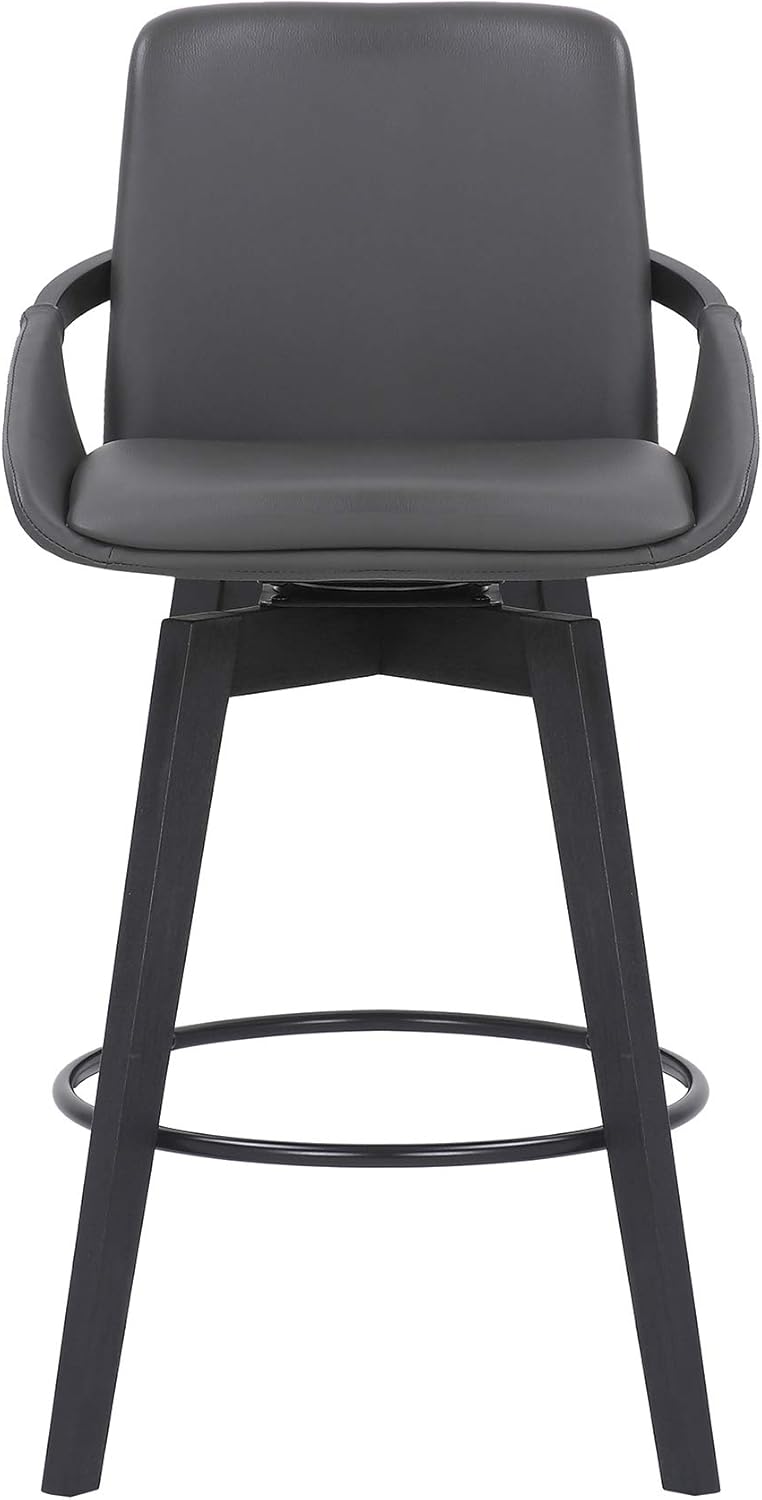 Armen Living Baylor Mid Century Modern Swivel Bar Stool for Kitchen Island Counter in Gray Faux Leather and Black Wood, 26" Seat Height