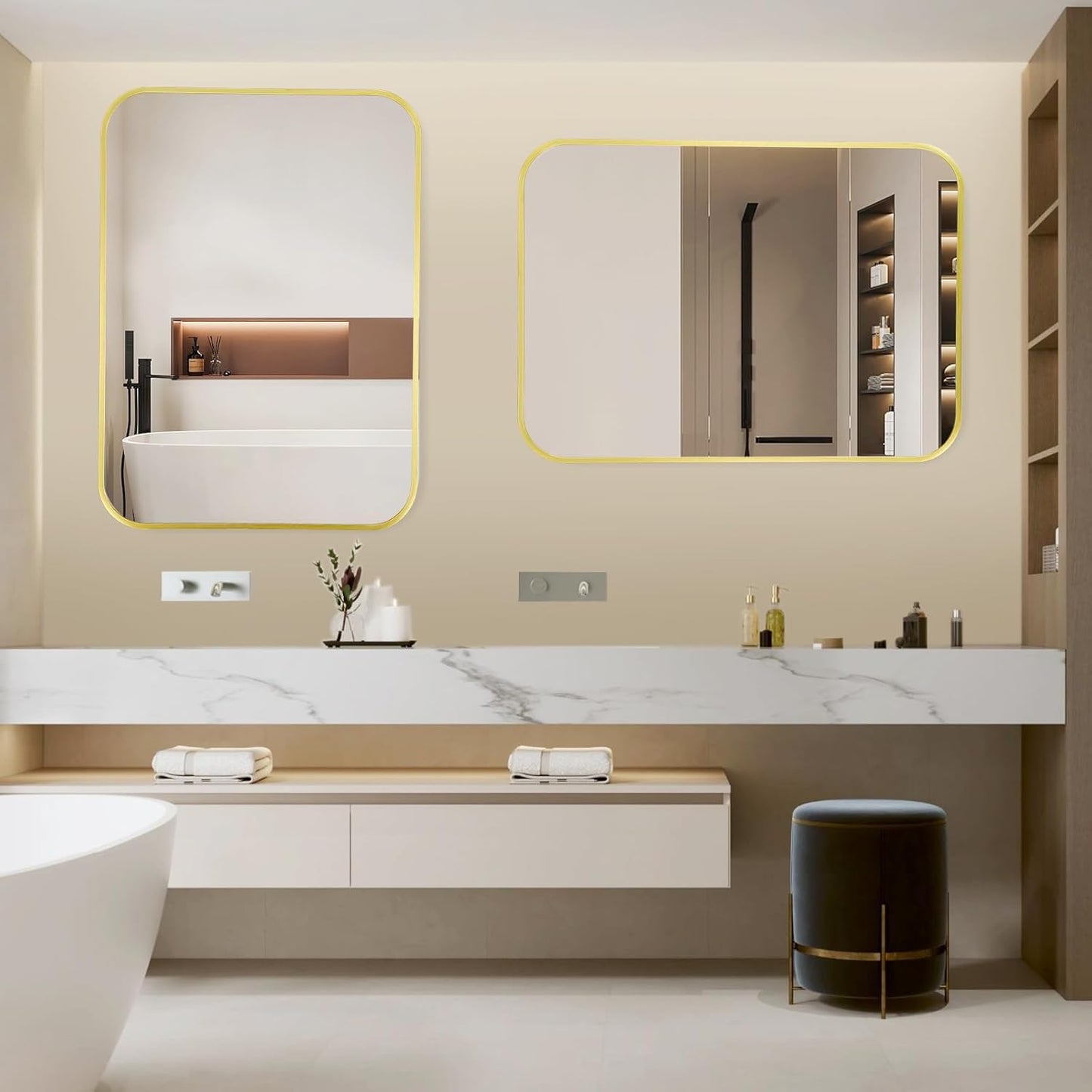 22x30 Inch Bathroom Mirror for Wall,Matte Gold Framed Rectangle Mirror with Rounded Corner,Aluminum Alloy Framed Brushed Wall Mirror for Bedroom or Living Room,Vertical or Horizontal