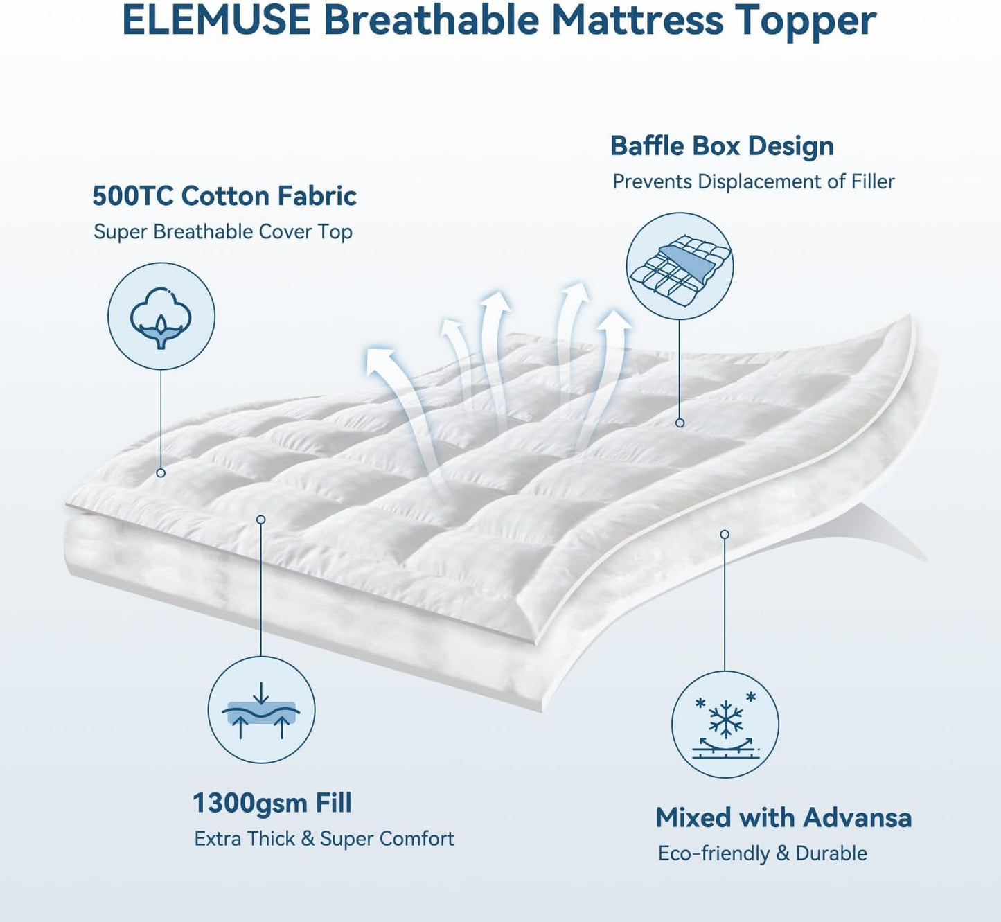 ELEMUSE King Cooling Mattress Topper, Extra Thick 1300gsm Mattress Pad for Back Pain Relief, Plush 500TC Cotton Pillow Top with Deep Pocket, Overfilled with Mixed Advansa Down Alternative Filling