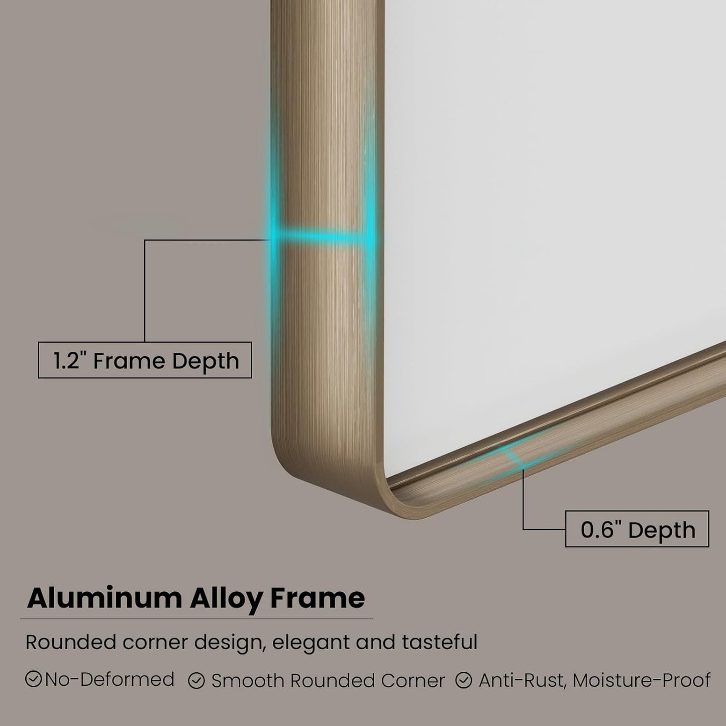 Bronze Bathroom Mirror 72x36 Inch, Brushed Bronze Metal Frame Mirror for Wall, Rounded Rectangle Bathroom Vanity Mirror with Tempered Glass, Anti-Rust, Horizontal/Vertical