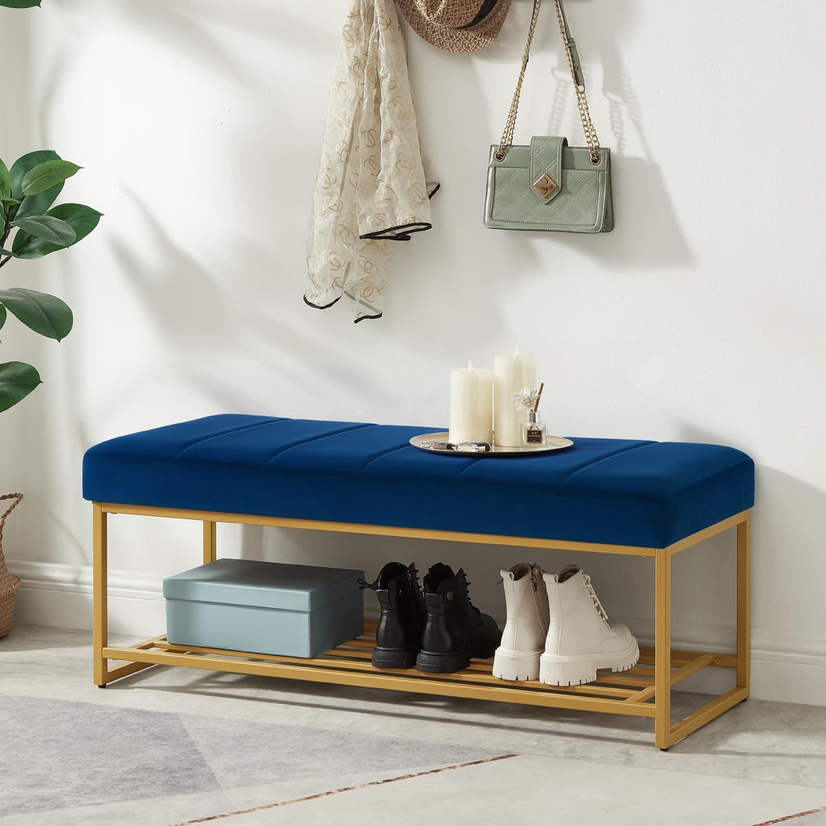 24KF Navy Velvet Upholstered End of Bed Bench with Metal Shelf, Modern Tufted Channel Entryway Bench Footboard Bench for Living Room, Bedroom, Gold Bench,5036-Navy