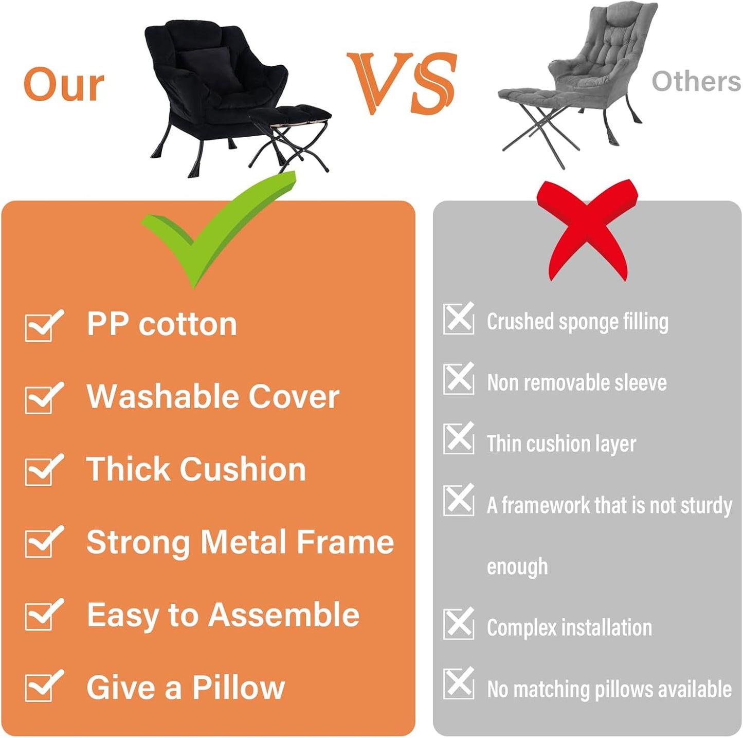 Lazy Chair with Ottoman, Modern Lounge Accent Chair with a Pillow, Leisure Sofa Armchair Set, Reading Chair with Footrest for Living Room, Bedroom, Dorm Room, Office, Velvet Black