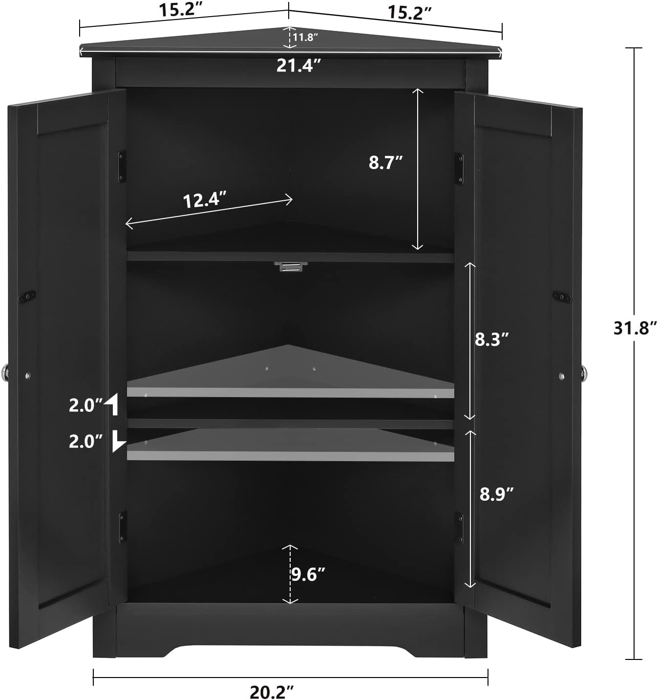 Iwell Corner Cabinet, Corner Bathroom Cabinet with 2 Doors & Adjustable Shelves, for Bathroom, Living Room, Kitchen, Black