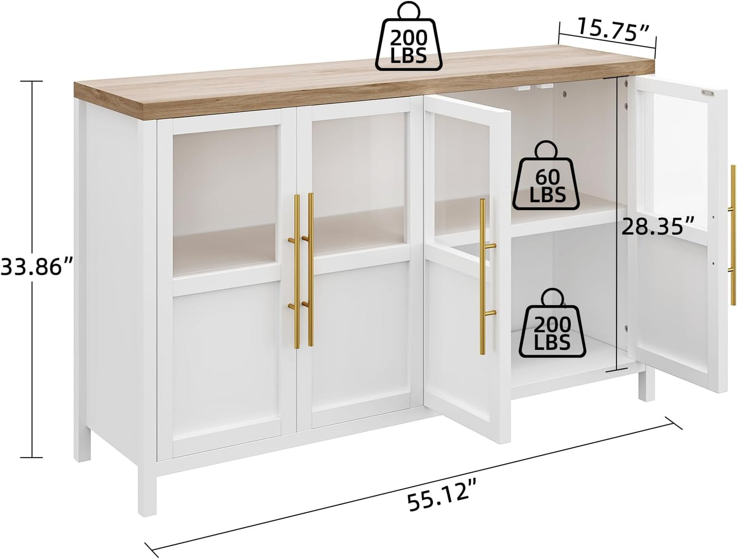 GarveeHome Sideboard Buffet Cabinet with 4 Glass Doors, 55" Buffet Table Coffee Bar Wine Bar Display Cabinet for Kitchen Dining Room, Living Room (White, Glass with 4 Doors)
