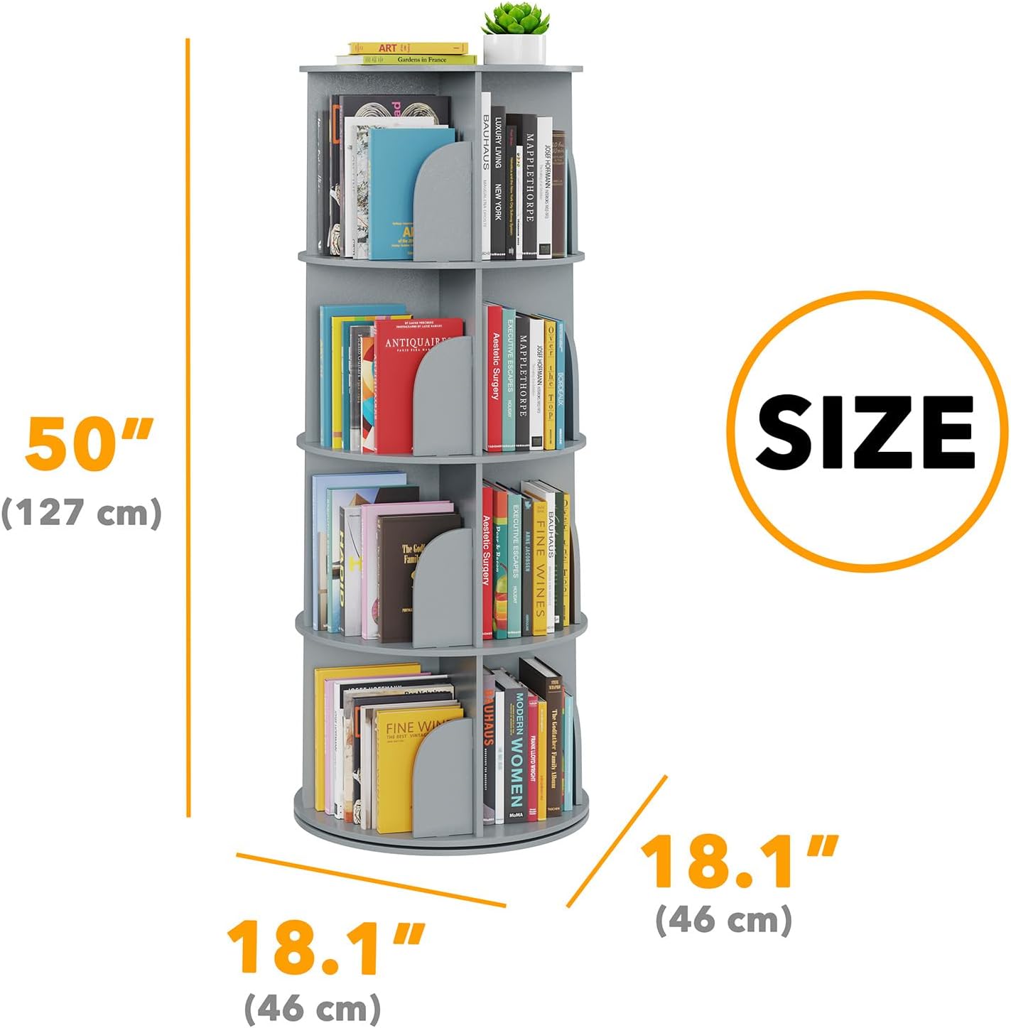 SpaceAid 4 Tier Rotating Bookshelf Tower, Spinning Bookcase Lazy Susan, Revolving 360 Book Shelf Storage Round Carousel, Vertical Rotate Turning Spiral Corner Organizer, Gray