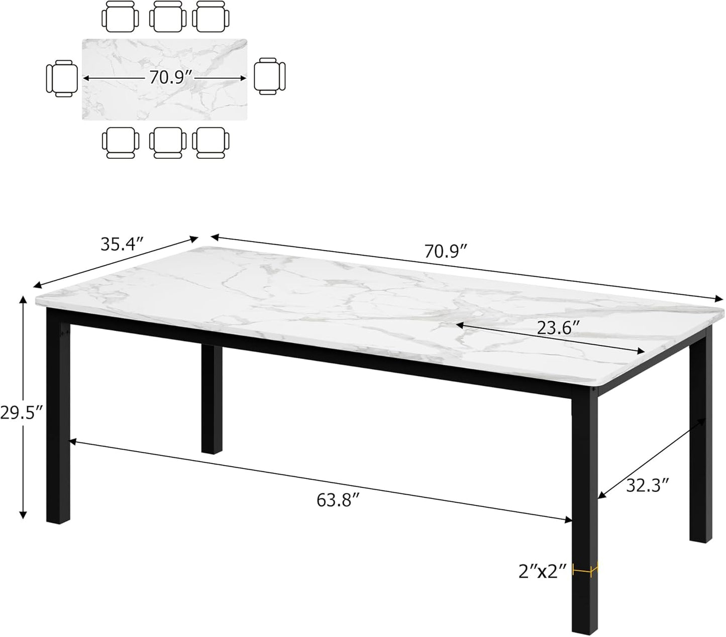 GarveeHome 70.8in Industrial Dining Table for 6, Wooden Long Dinner Table with Mortise Tenon Design, Kitchen Table with Sturdy Metal Legs, for Dining Room Home Office Living Room, White