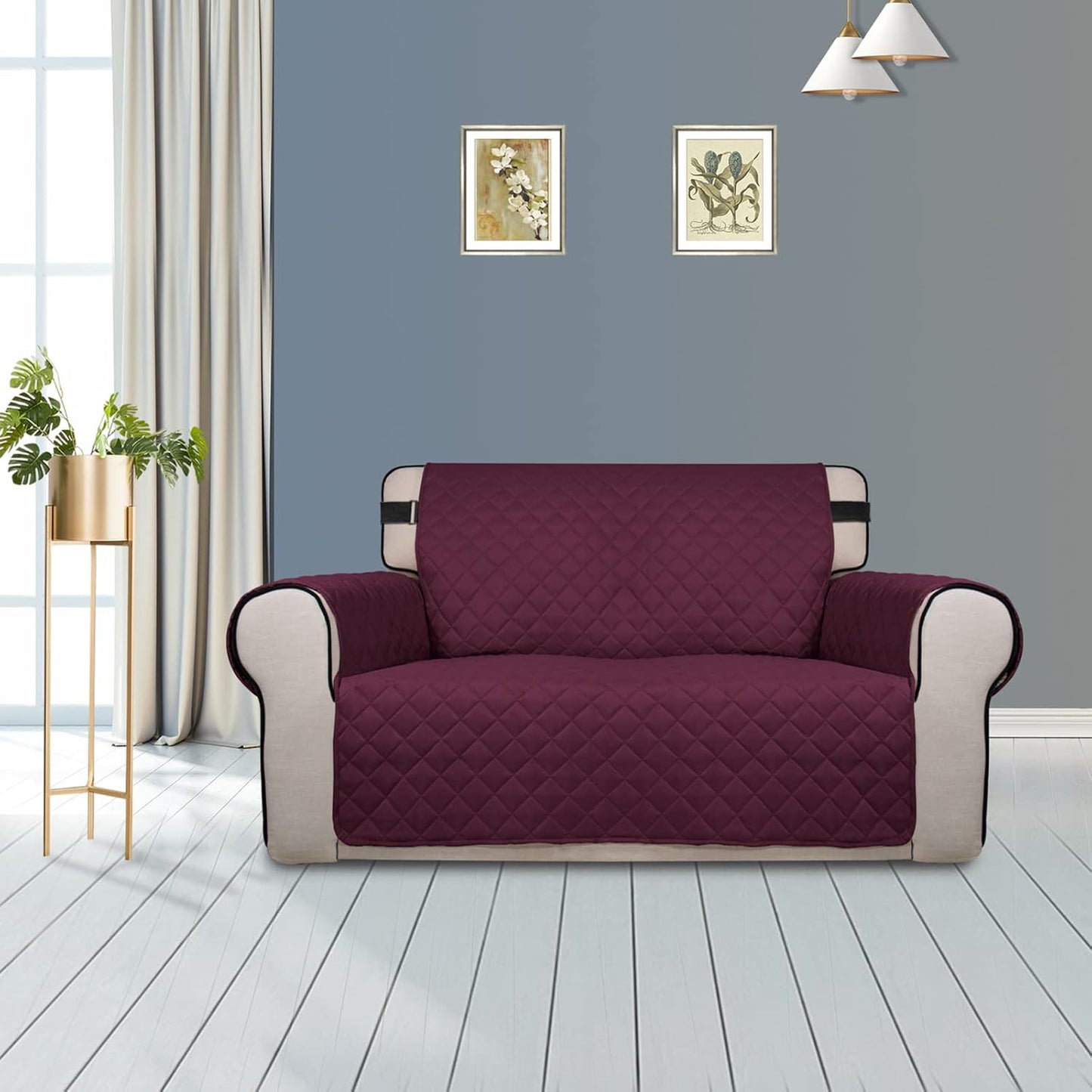 PureFit Reversible Sofa Cover Water Resistant Loveseat Couch Cover, Machine Washable Furniture Cover with Non-Slip Foam and Adjustable Strap for Dogs, Pets (Loveseat, Wine/Beige)