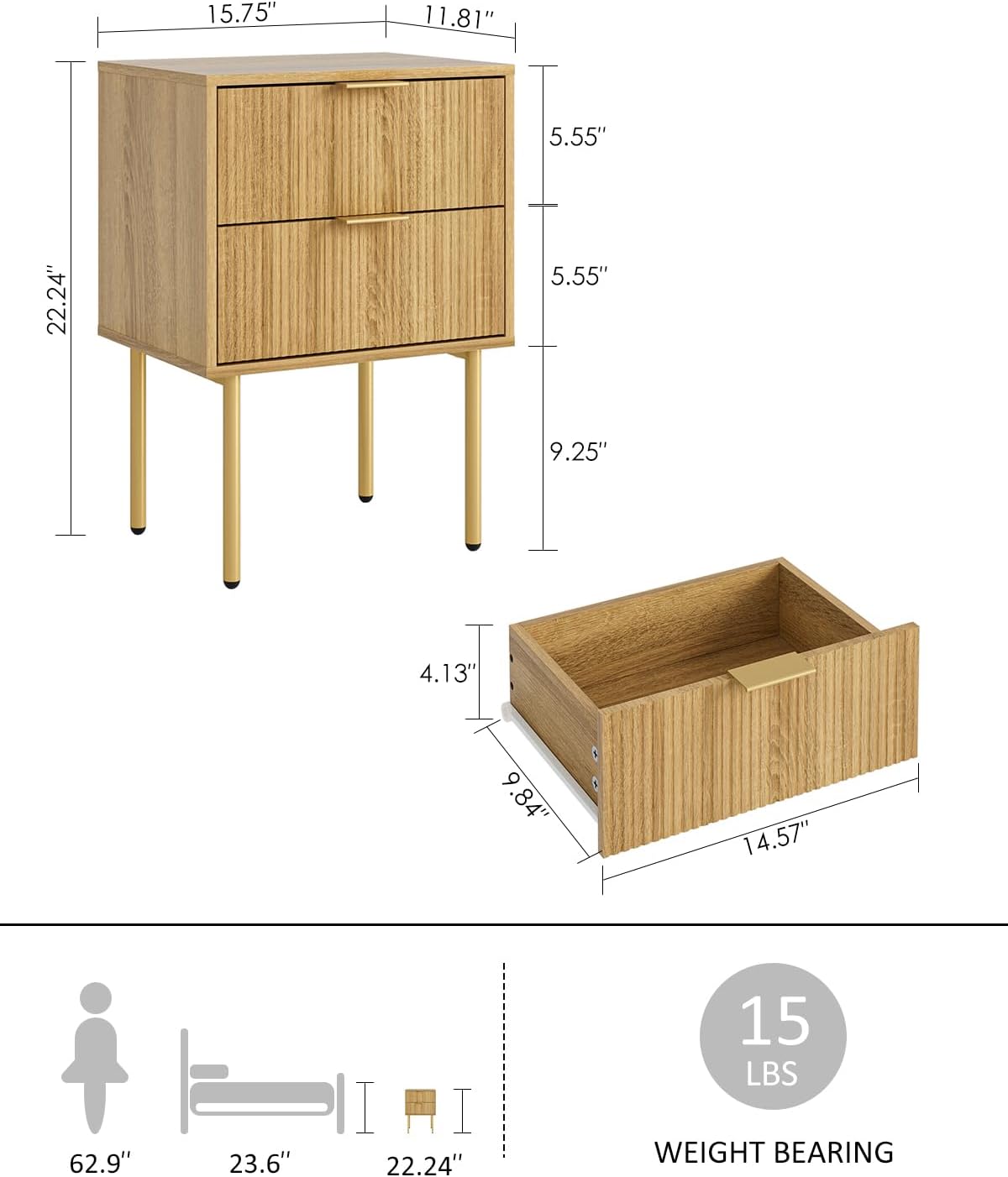 Nightstand,Morden Bedside Table with Gold Frame,Small White Night Stand,End Table,Bedside Furniture,Side Table with Drawer and Shelf for Bedroom,Living Room (2Drawers, Oak)