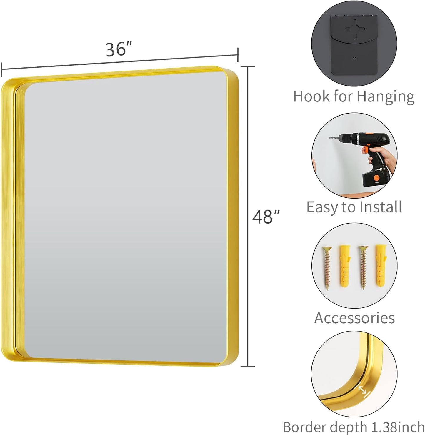 Koonmi Gold Bathroom Mirror for Wall, 36x48 Inch Matte Metal Deep Framed Rounded Corner Wall Mirror, Shatterproof Tempered Glass for Farmhouse Bedroom Entryway, Vertically or Horizontally
