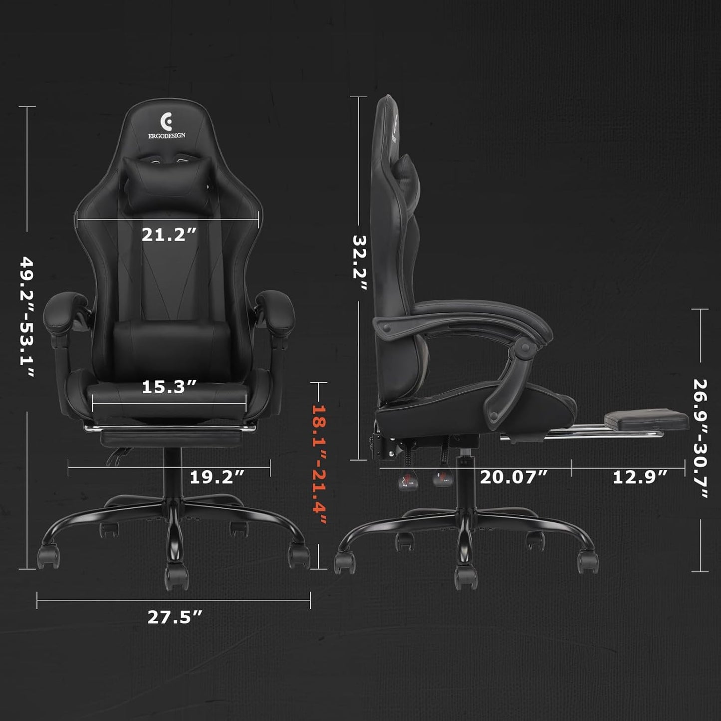 Gaming Chair with Linkage Armrest & Footrest, High Back Video Gaming Chair, Black