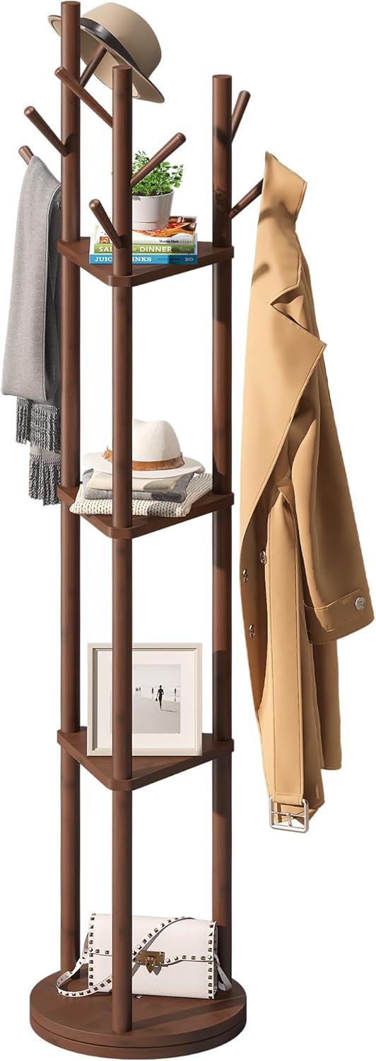 FILWH Bamboo Coat Rack Rotary Freestanding with Shelf Tree Stand for Hallway Entryway Hanger Stand with 9 Hooks 3 Shelves (Brown)