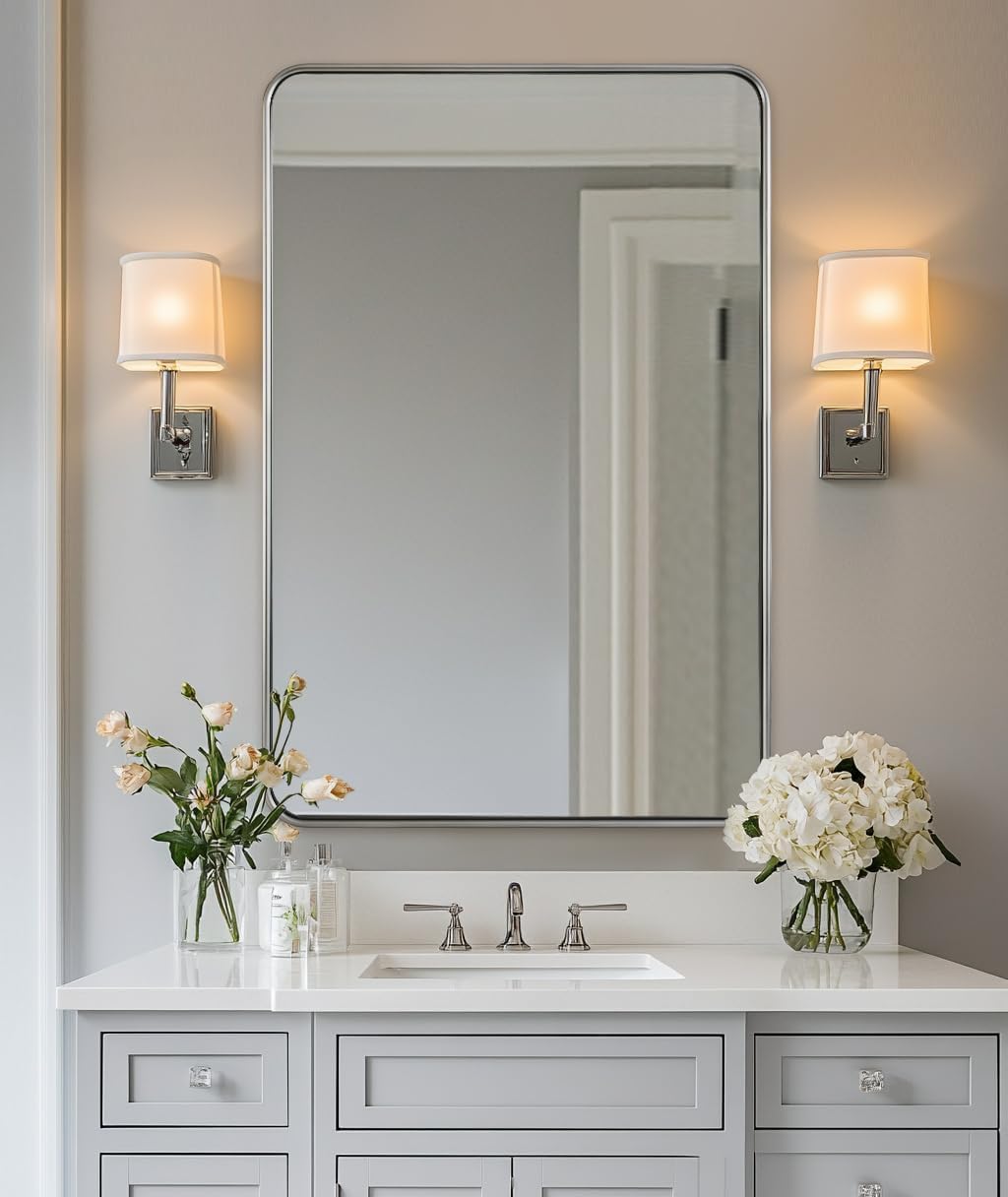 ANDY STAR Brushed Nickel Mirror, Stainless Steel Metal Frame 24x36 Inch Bathroom Mirror for Over Sink, Modern Rounded Corner Slim Silver Vanity Mirror for Wall Mounted Horizontally or Vertically