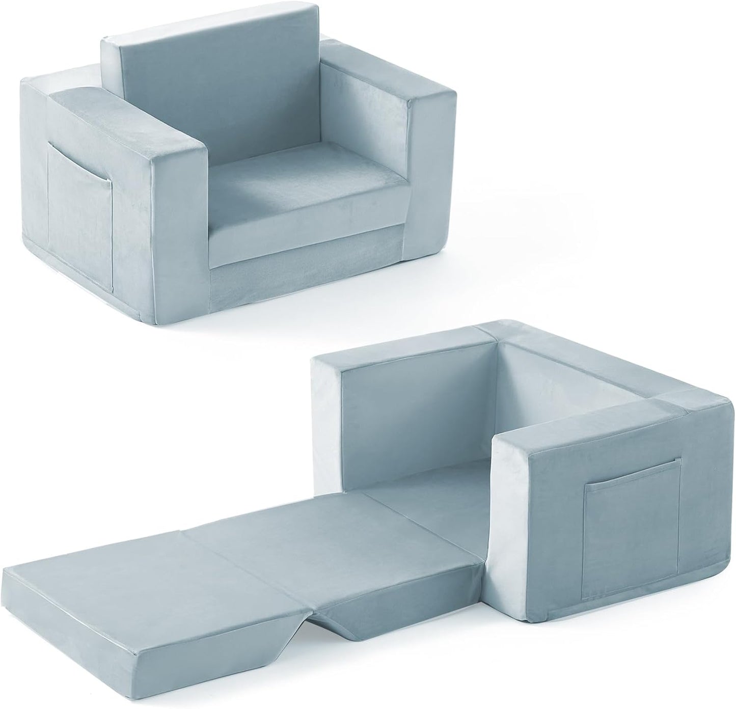 Kids Couch, 2-in-1 Toddler Chair Comfy 1-3 Years, Convertible Kids Chair, Toddler Couch That Fold Out, Kid Lounge Chairs for Boys and Girls, Soft Coral Fleece, Blue