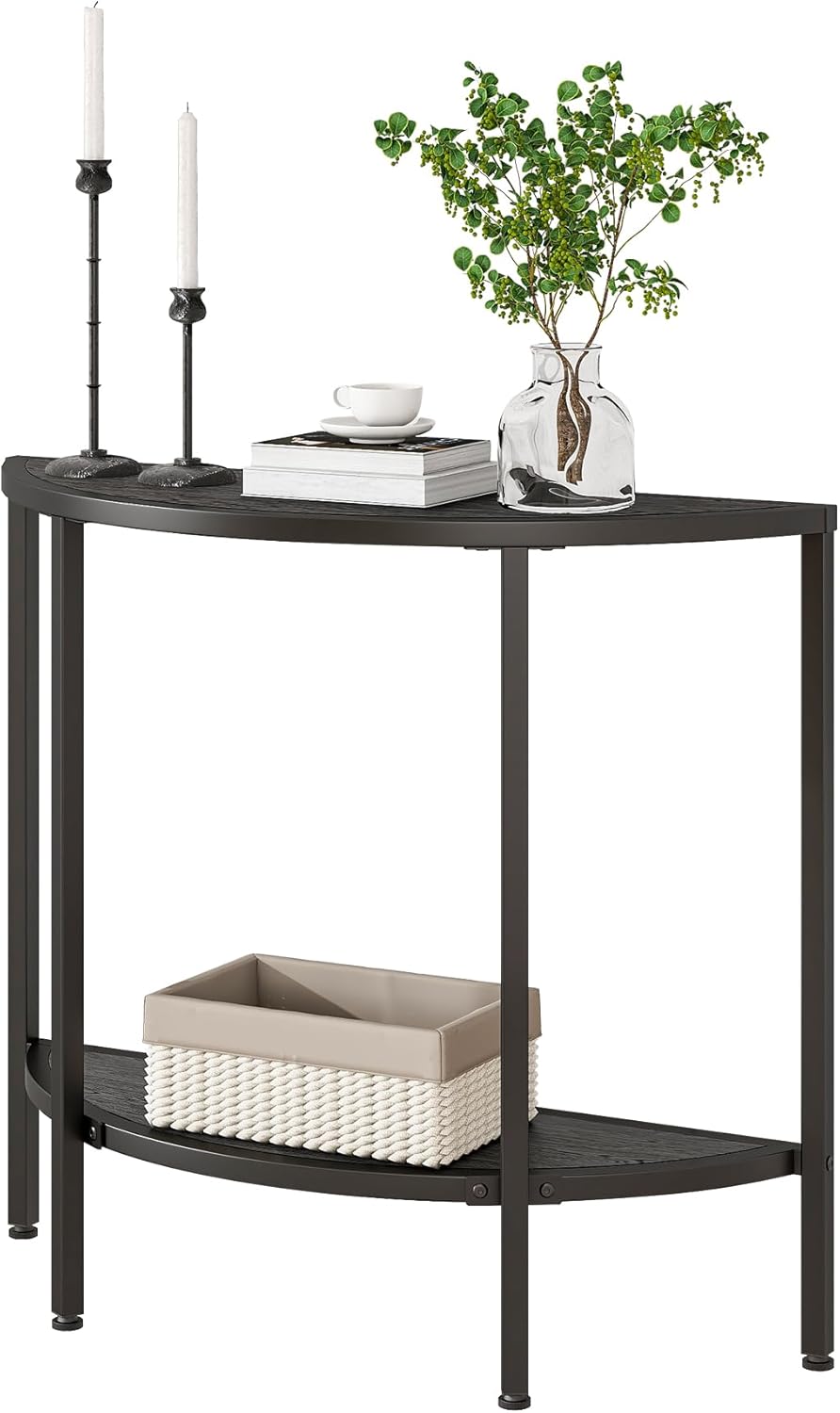Console Table 2 Tier Narrow Entryway Table with Storage,Half Moon Sofa Couch Table with Metal Frame,Wooden Accent Side Coffee Table for Living Room/Hallway or Small Spaces,Black
