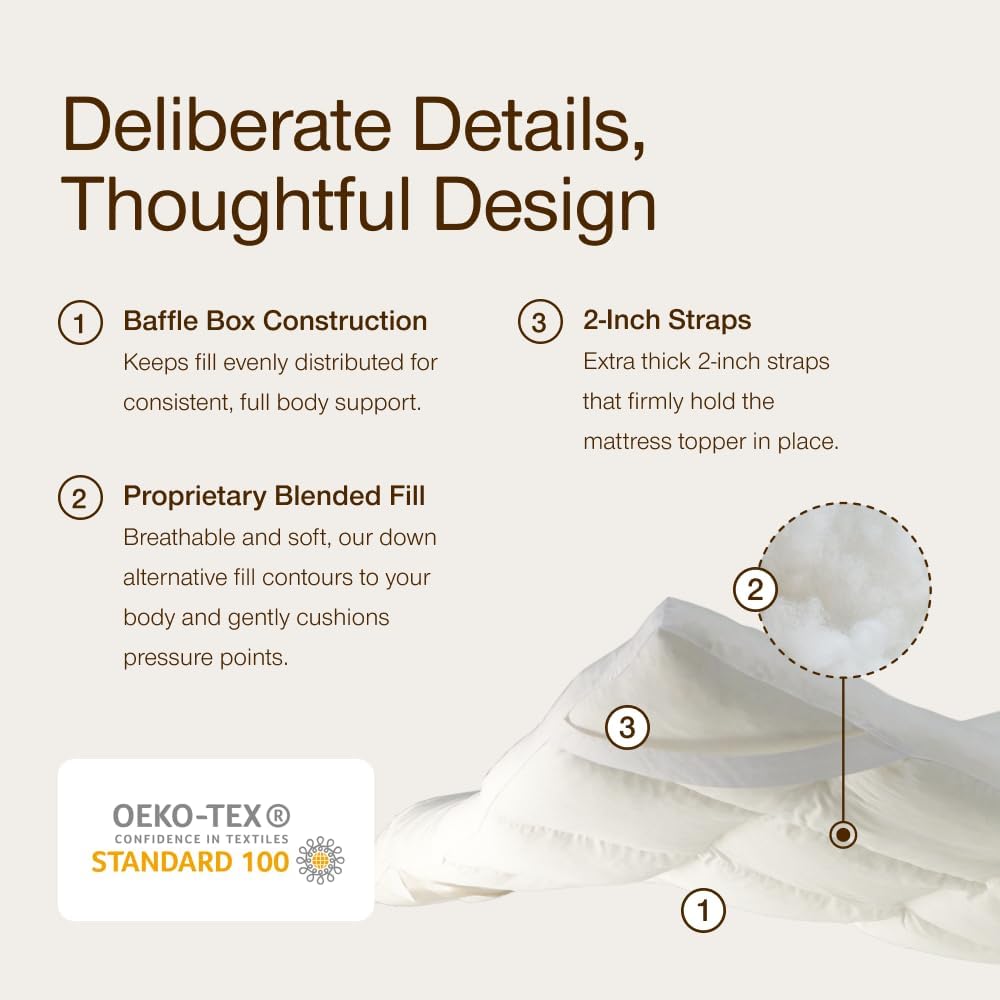 Coop Home Goods Essence Down Alternative Mattress Topper Cal King, Plush 2-Inch Gusset and Baffle Box Design for Even Support and Comfort, Premium Bed Topper for Pressure Relief, Oeko-TEX Certified
