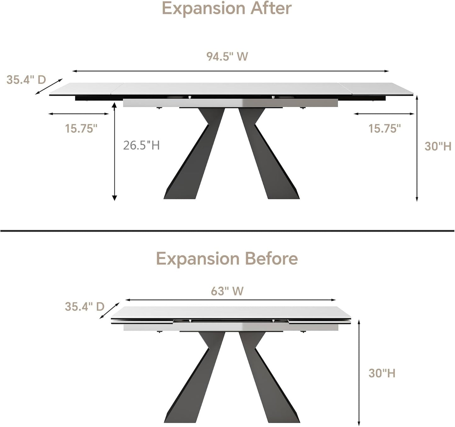 Extendable Dining Table for 8-12 Seat, Flexible Stretch, Tabletop Made from Rock Plate and Tempered Glass, Solid Carbon Steel Base, 35.4" D x 94.5" W x 30" H, White Top