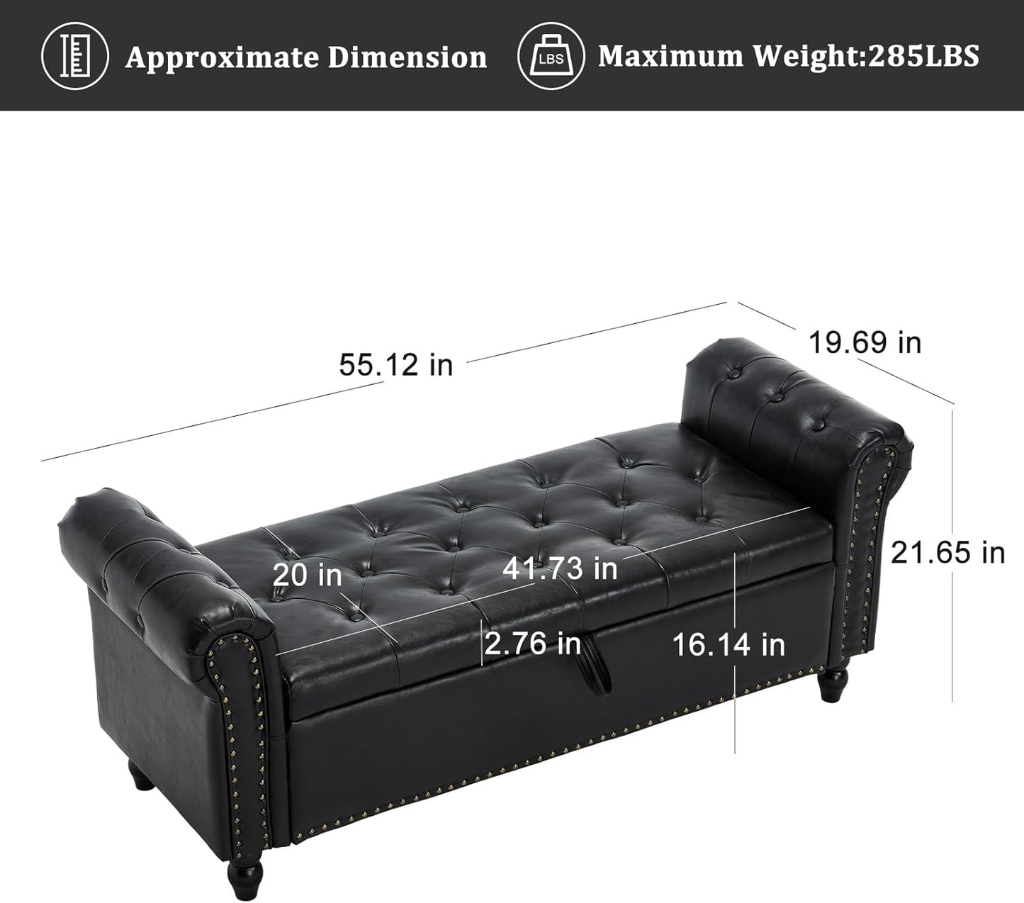 Furniliving 55” End of Bed Bench, Bedroom Bench with Button-Tufted, Large Upholstered Storage Ottoman Benches Entryway Bench with Storage Shoe Cabinet Bench, for Bedroom, Living Room, PU, Black