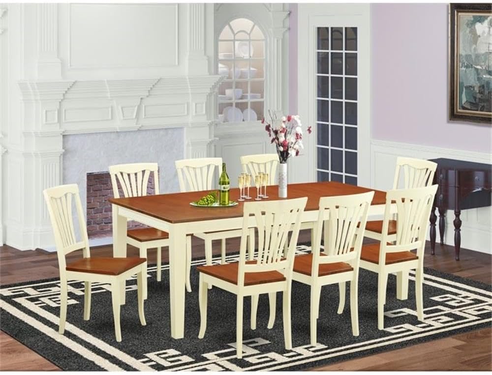 East West Furniture QUAV9-WHI-W 9 Piece Modern Dining Table Set Includes a Rectangle Wooden Table with Butterfly Leaf and 8 Dining Room Chairs, 40x78 Inch, Buttermilk & Cherry