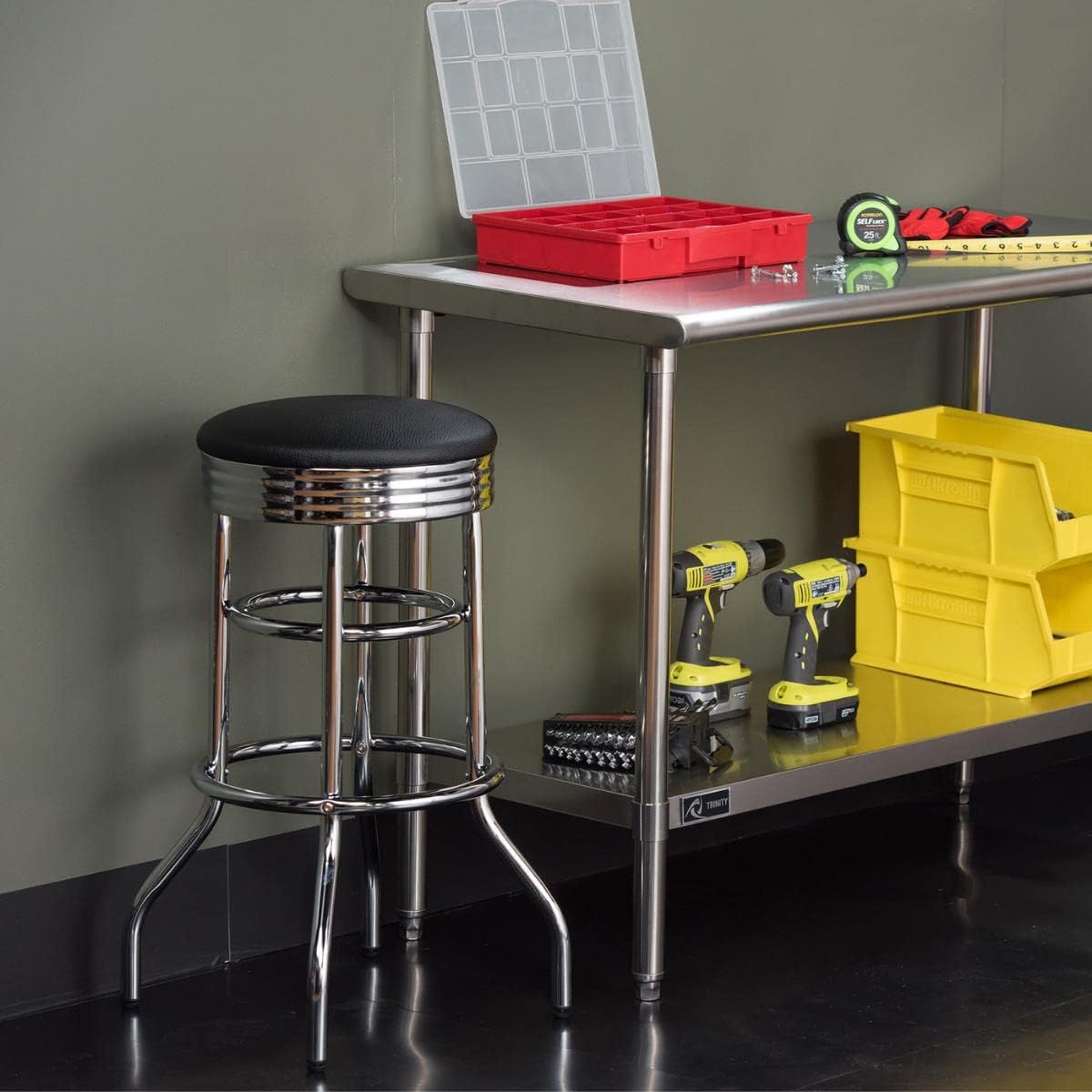 TRINITY Heavy Duty 30-Inch Backless Swivel Bar Stool for Kitchen, Garage, or Workshop, Chrome Finish with Faux Leather Seat, 2 Pack Pre-Assembled, Black