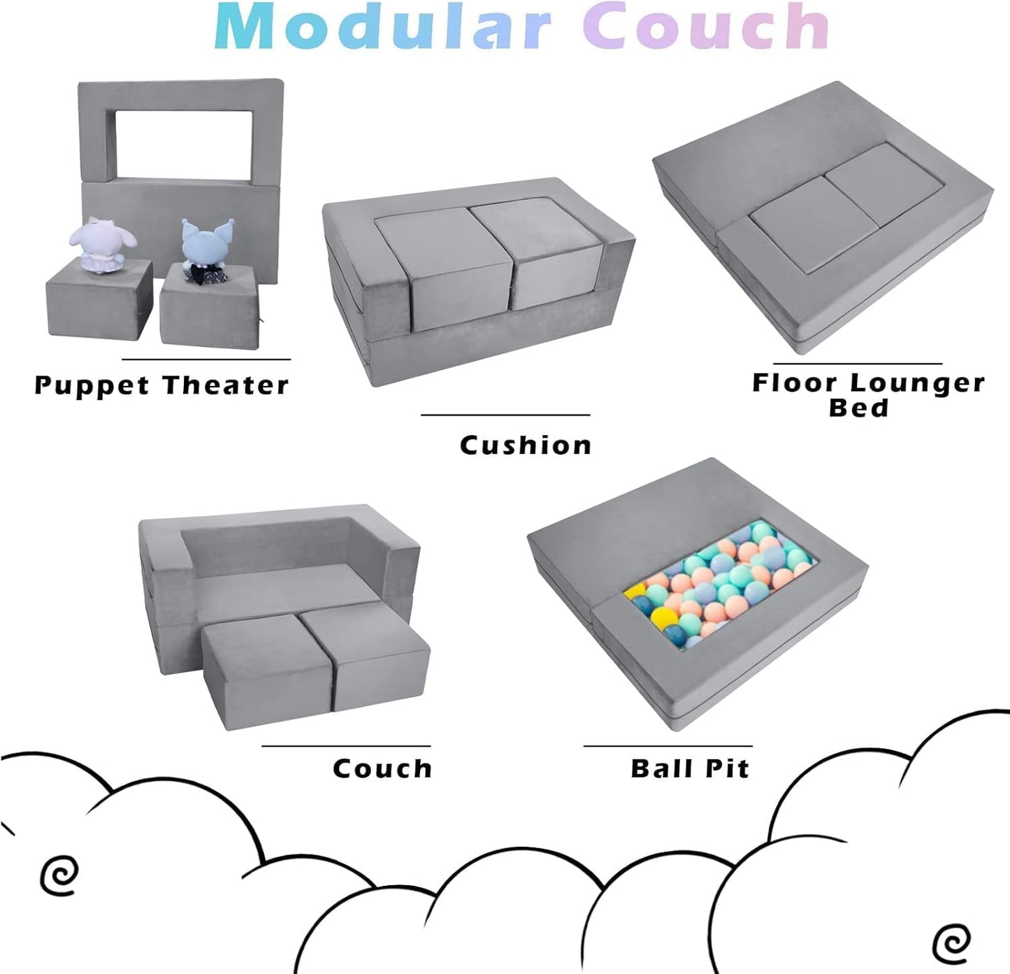 MeMoreCool Modular Kids Play Couch Sofa – Soft Convertible Toddler Couch, Grey Fold-Out Plush Foam Chair for Kids’ Playroom Fun