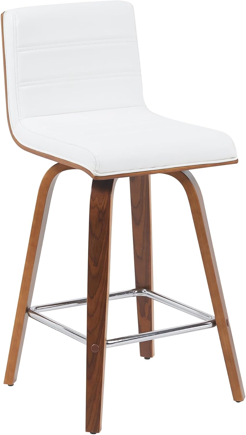 Armen Living Vienna Modern Swivel 26" Counter Height Barstool with White Faux Leather and Walnut Wood Finish