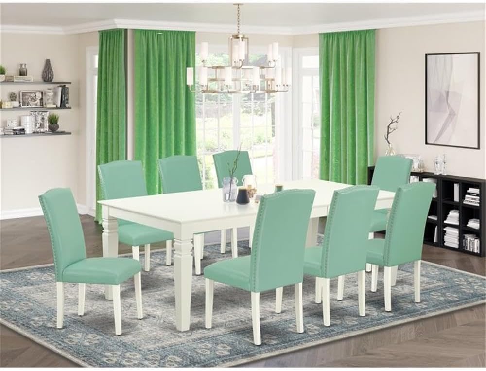 East West Furniture LGEN9-LWH-57 9 Piece Modern Dining Table Set Includes a Rectangle Wooden Table with Butterfly Leaf and 8 Pond Faux Leather Upholstered Chairs, 42x84 Inch, Linen White