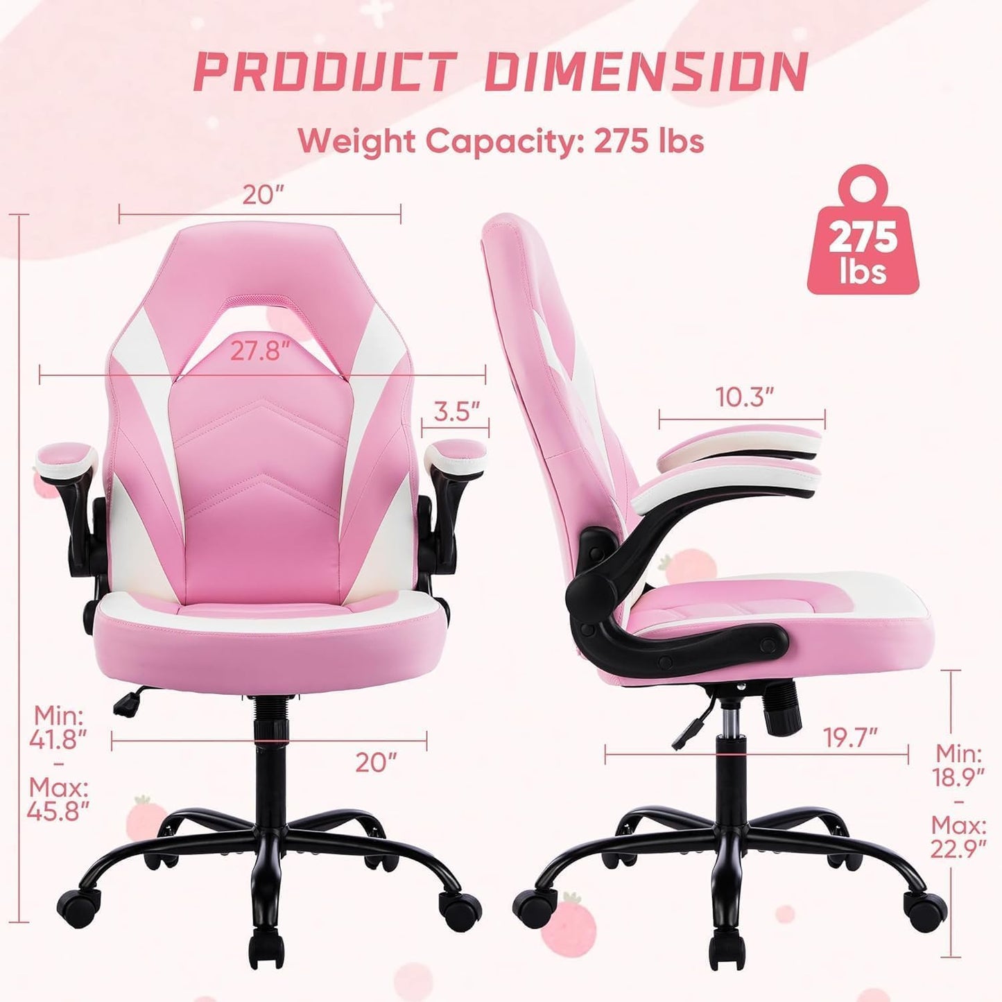 OLIXIS Computer Gaming Desk Chair - Big and Tall Ergonomic Lumbar Support with Flip-up Armrest and 360° Swivel Wheels, PU Leather Height Adjustable, for Home and Office, Pink