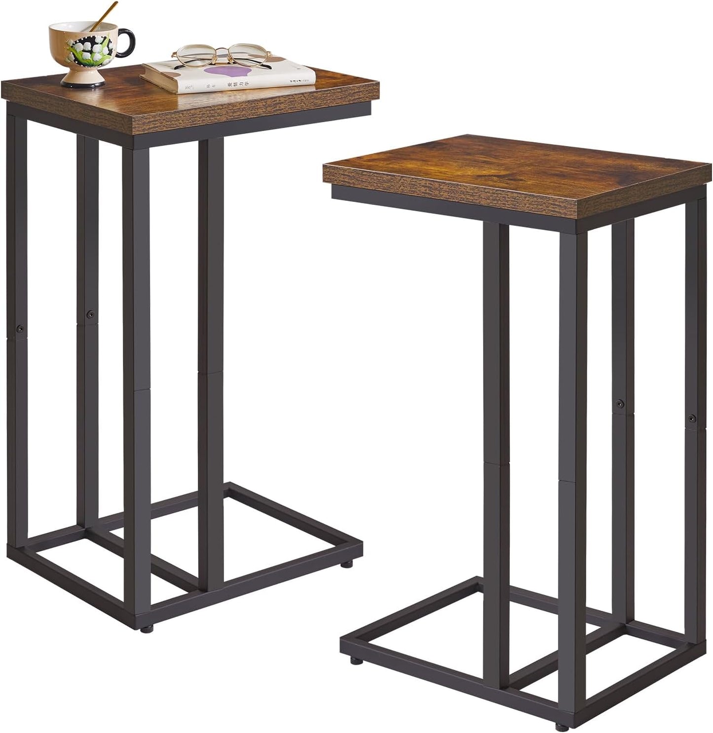 Side Table Small End Table C Shaped, Slide Under Laptop Desk for Couch, Living Room Side Table, TV Trays for Eating on Couch, Rustic Brown+Black YD-TM051HB-2