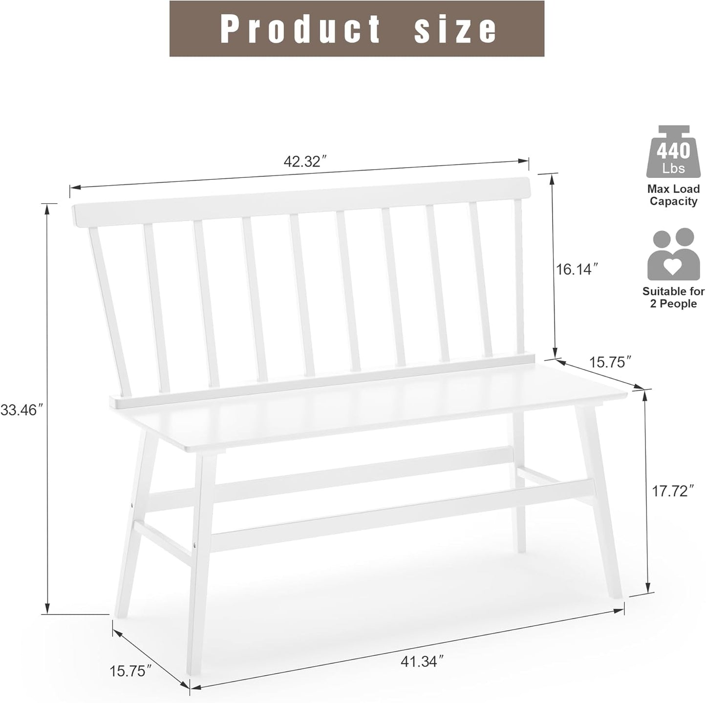 Bamboo Dining Bench, Wooden White Entryway Bench with Spindle Back Farmhouse Wood Windsor for Foyer Balcony Living Room Comfortable Winsor Chair Benches for Home