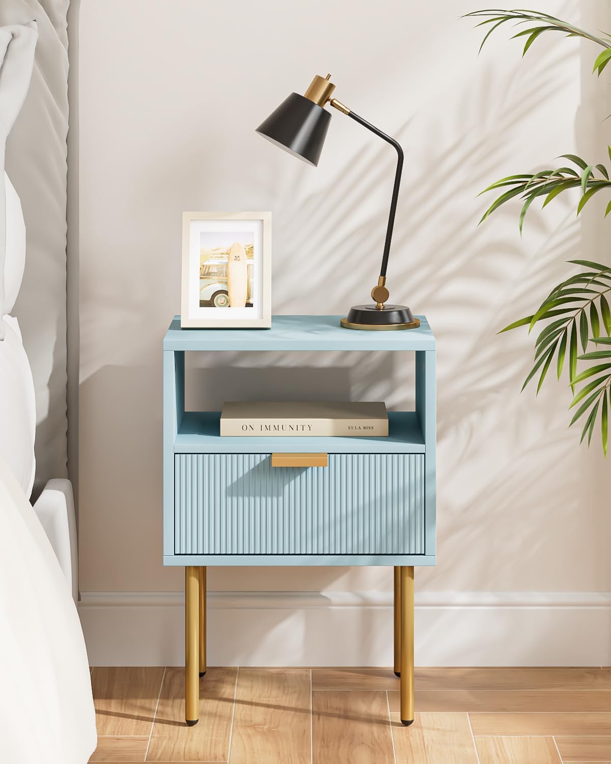 Nightstand,Morden Bedside Table with Gold Frame,Small White Night Stand,End Table,Bedside Furniture,Side Table with Drawer and Shelf for Bedroom,Living Room (1Drawer, Blue)