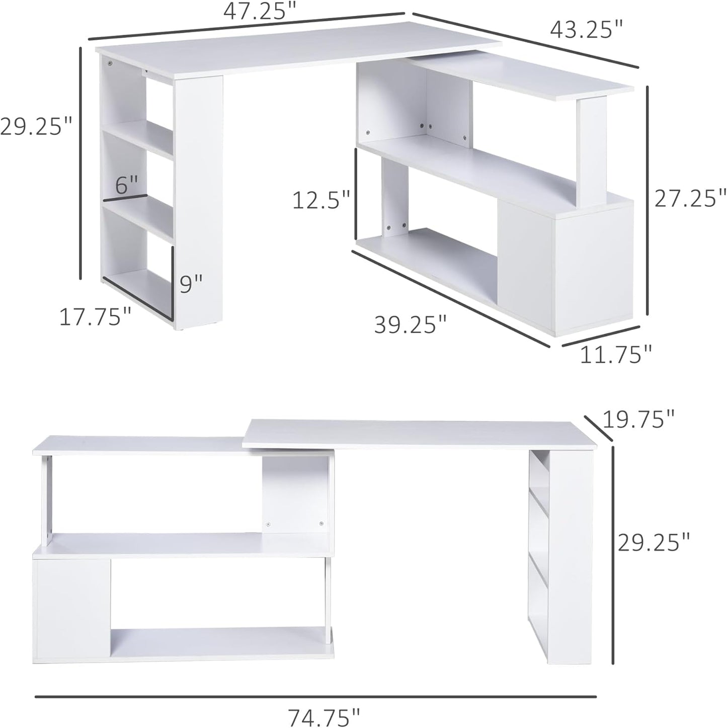 HOMCOM L Shaped Desk, Corner Computer Desk, 360 Degree Rotating Home Office Desk with Storage Shelves, Writing Table Workstation, White